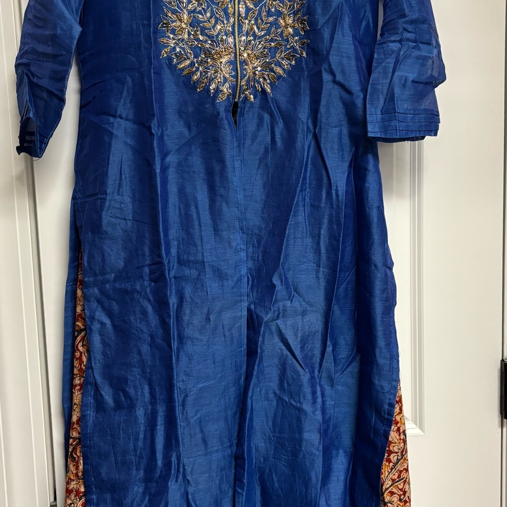 Blue embroidered two-piece set: includes a long kalamkari dress and a top coat.